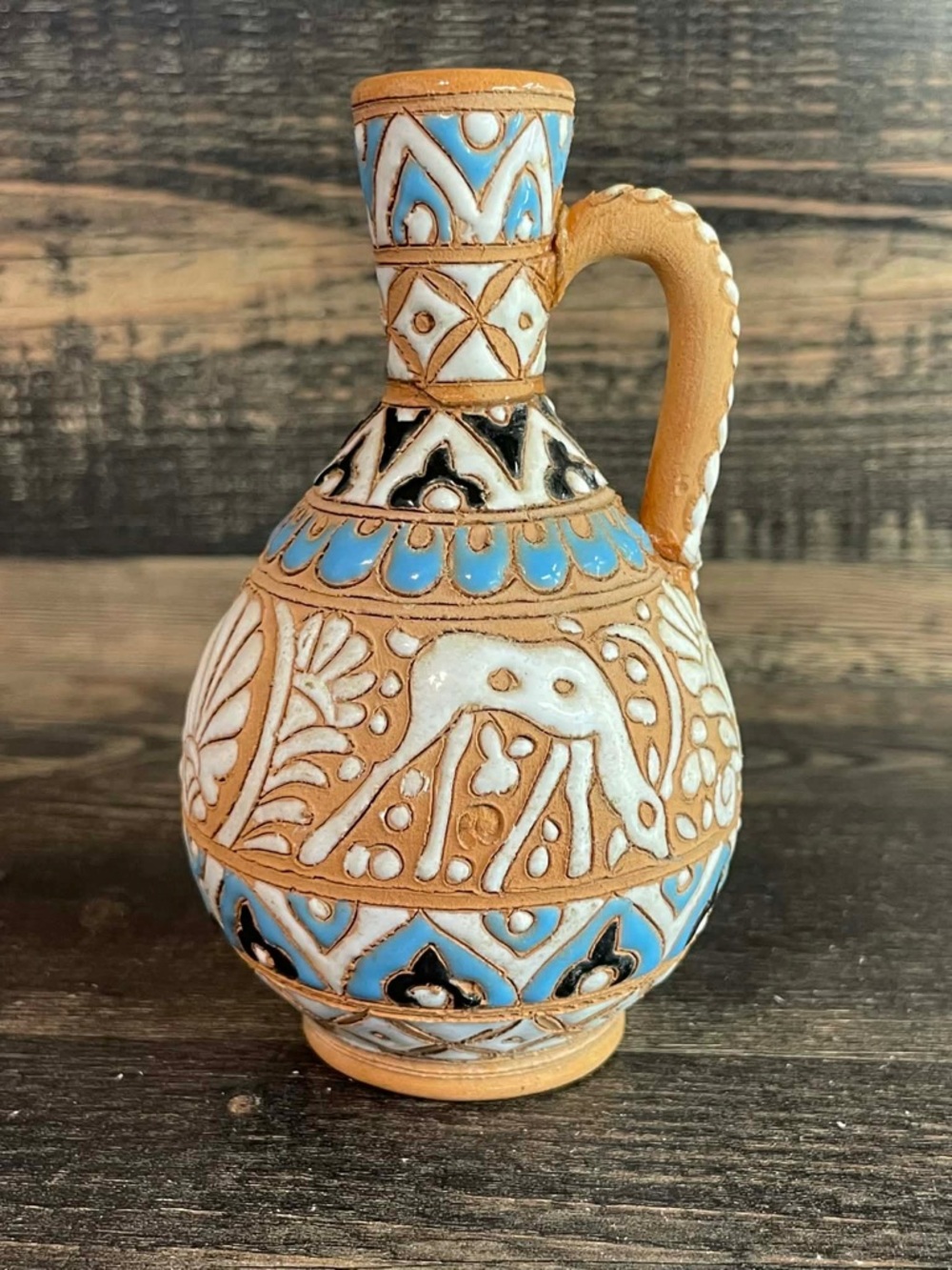 VTG Nassos Keramik Rhodes Miniature Pitcher 4" Sgraffito Deer Paradissi Greece
